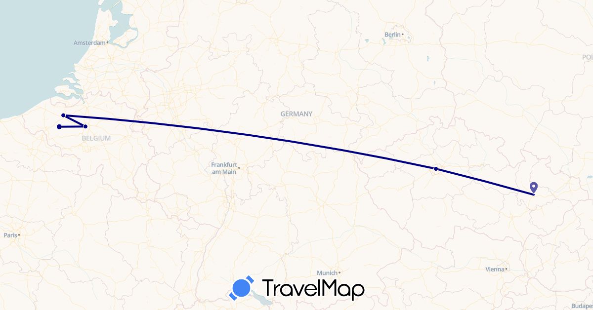TravelMap itinerary: driving in Belgium, Czech Republic (Europe)